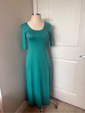 Scoop Neck Teal Maxi Dress with Elbow Sleeves